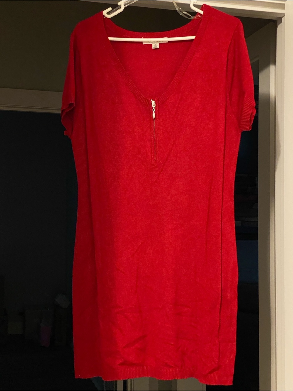 Red Short-Sleeve V-Neck Zip Dress - Women